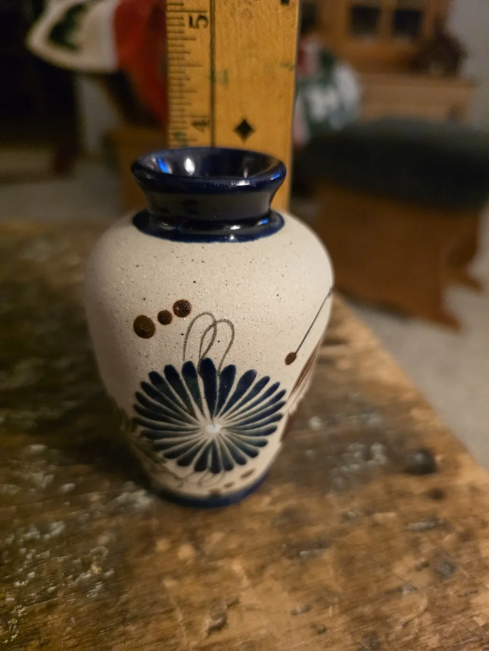 Mexico Hand-Painted Ceramic Vase in Navy and Cream